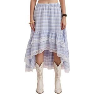 Western Boho Lace Ruffle Blue & White Skirt Asymmetrical Country Cowgirl Skirts